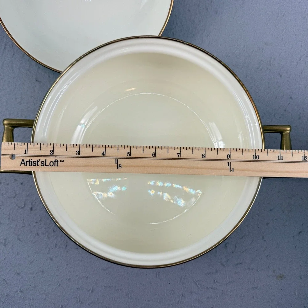Vtg Enamel Dutch Oven Casserole Orchard Fruit Pattern Brass Handles Pristine 10